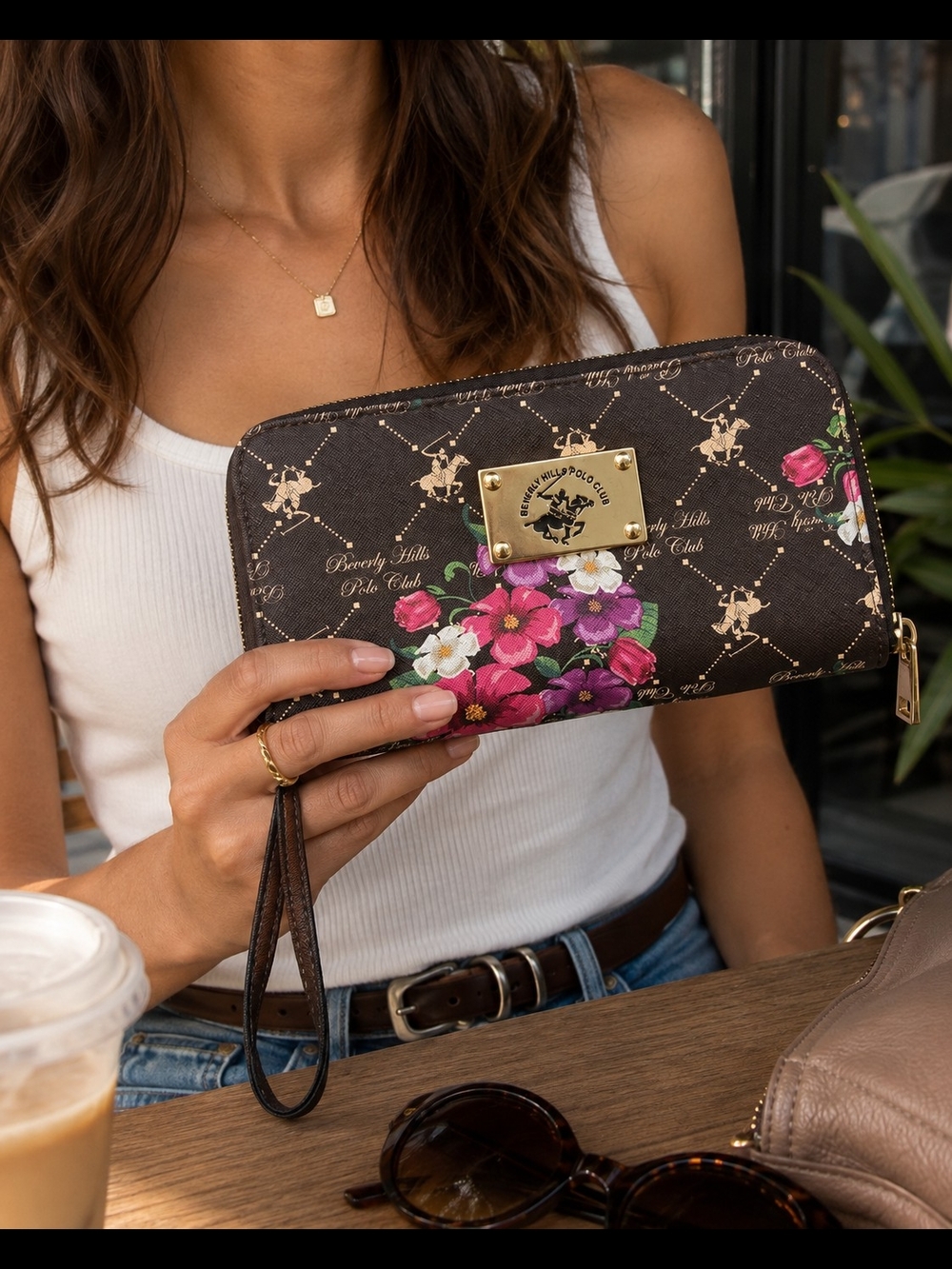 Beverly Hills Polo Club Brown Floral Wristlet Zip Wallet